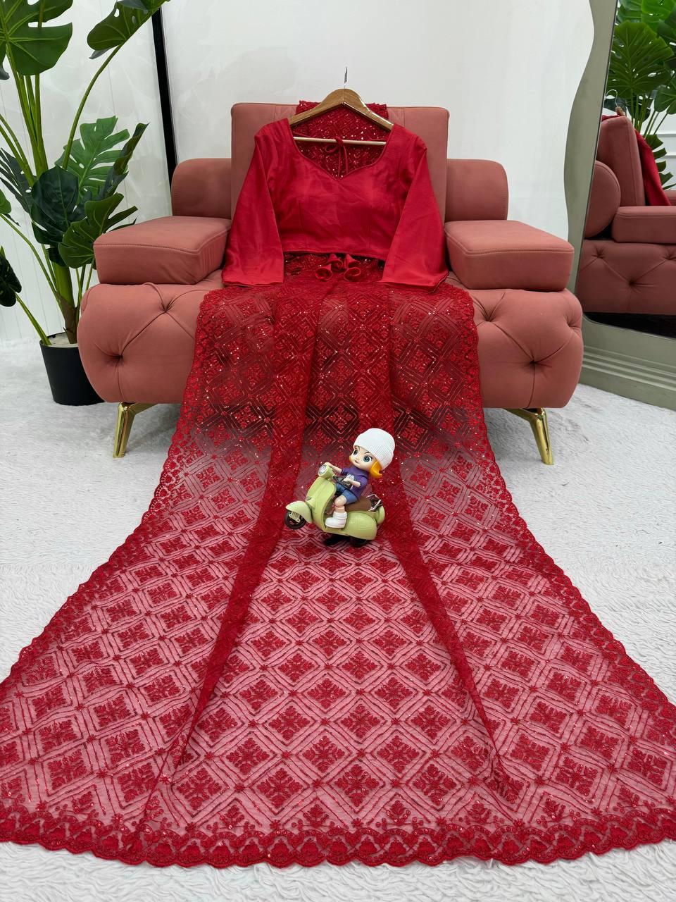 Deep Red  Soft Net With thred Work Saree