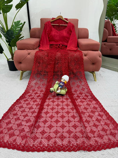 Deep Red  Soft Net With thred Work Saree