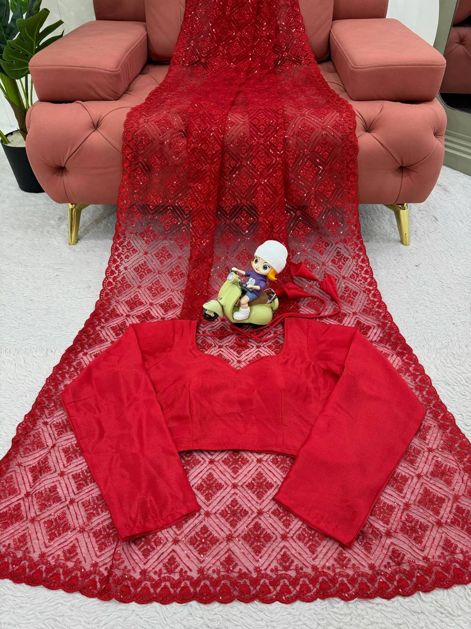 Deep Red  Soft Net With thred Work Saree