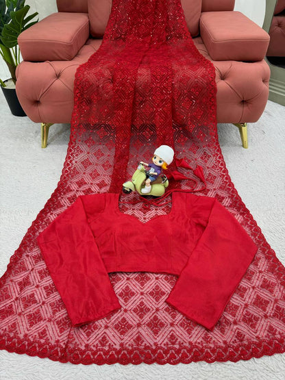 Deep Red  Soft Net With thred Work Saree