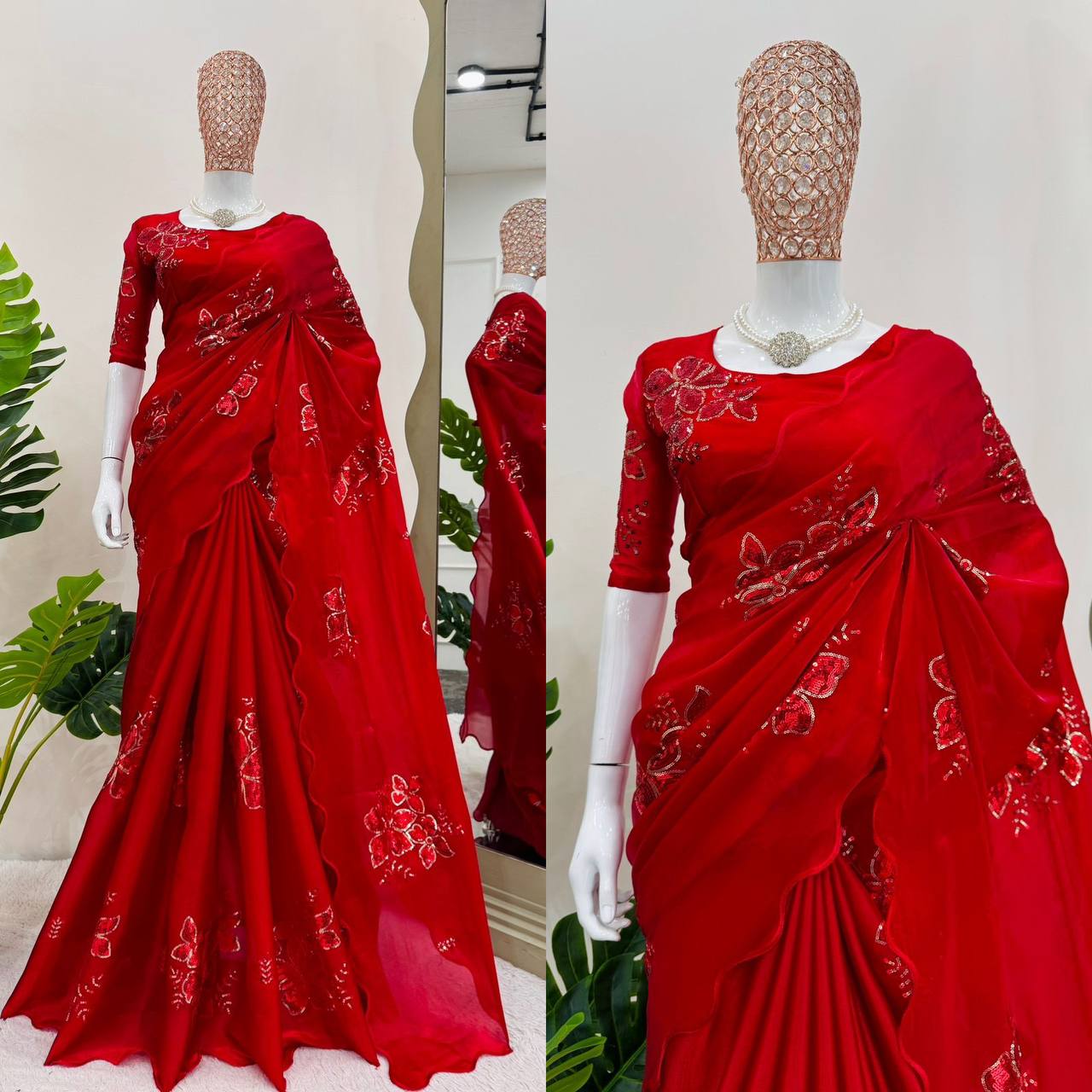 Red Jimmy Chu Sequnce Work Saree