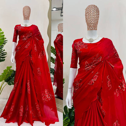 Red Jimmy Chu Sequnce Work Saree