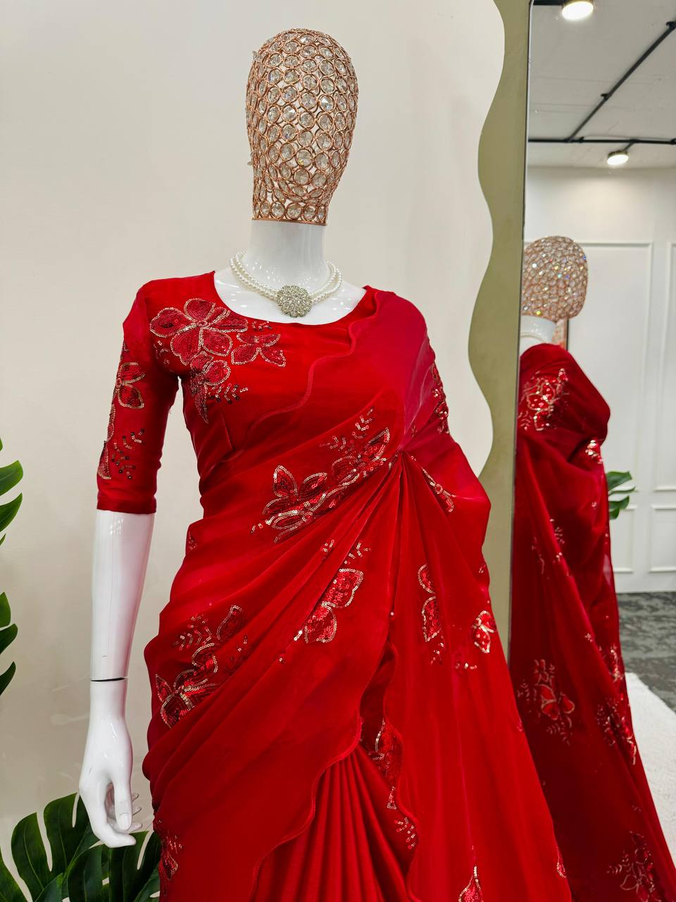 Red Jimmy Chu Sequnce Work Saree