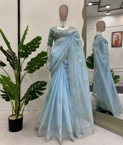 Sky Blue Tibby Silk Saree