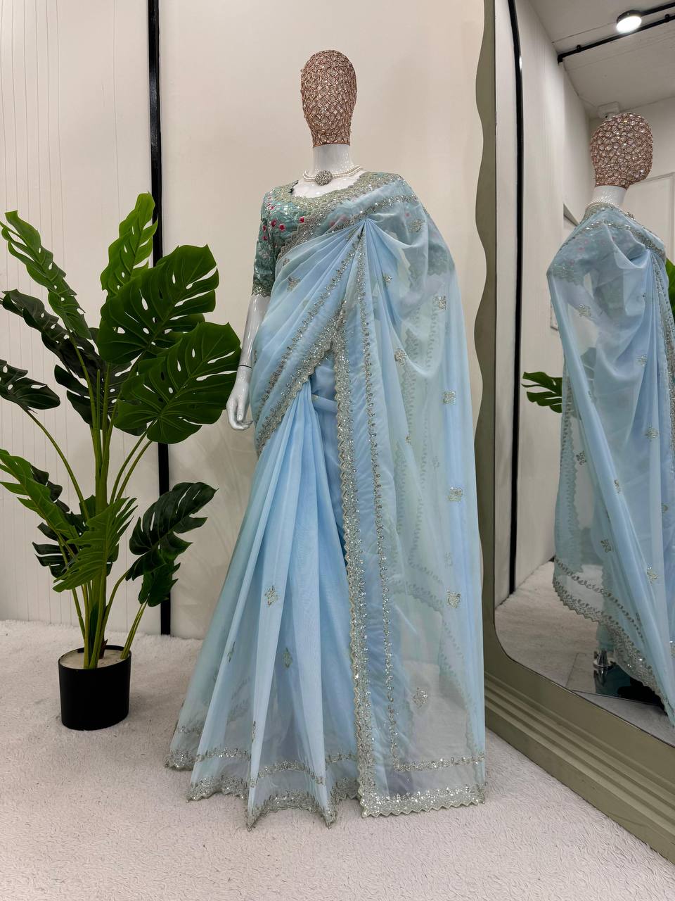 Sky Blue Tibby Silk Saree