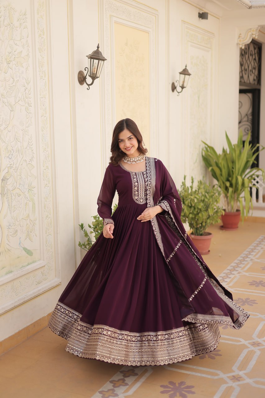 ELEGANT MAROON COLOR  ANARKALI GOWN WITH FAUX BLOOMING DUPATTA