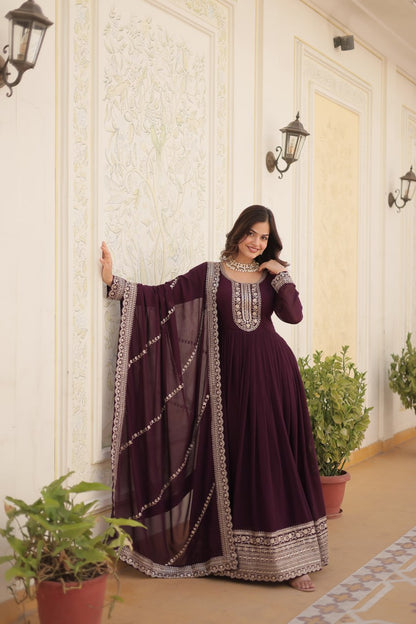 ELEGANT MAROON COLOR  ANARKALI GOWN WITH FAUX BLOOMING DUPATTA
