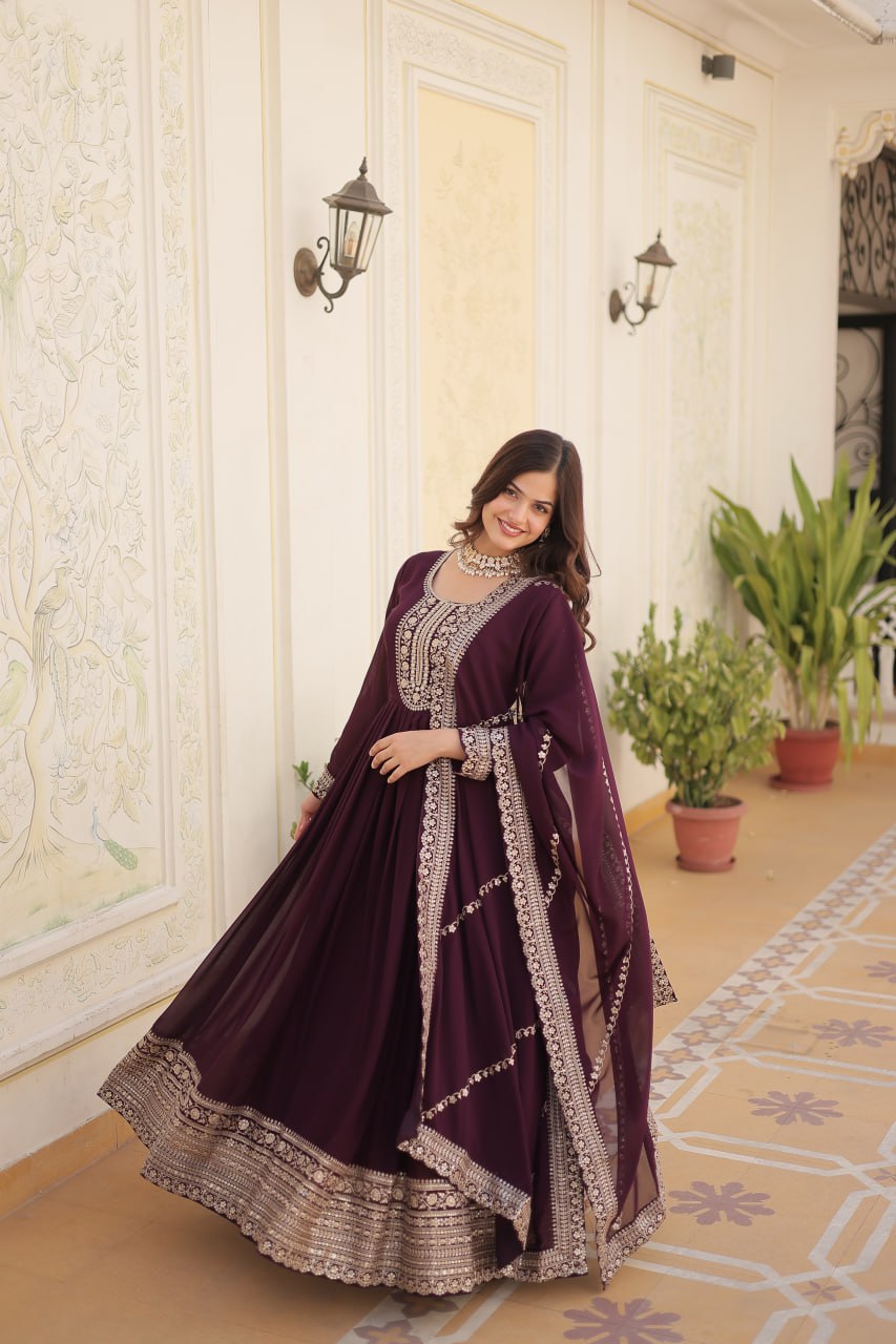 ELEGANT MAROON COLOR  ANARKALI GOWN WITH FAUX BLOOMING DUPATTA