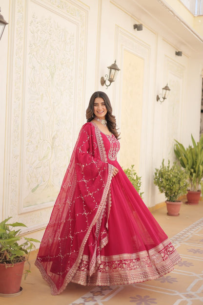 ELEGANT MAROON COLOR  ANARKALI GOWN WITH FAUX BLOOMING DUPATTA