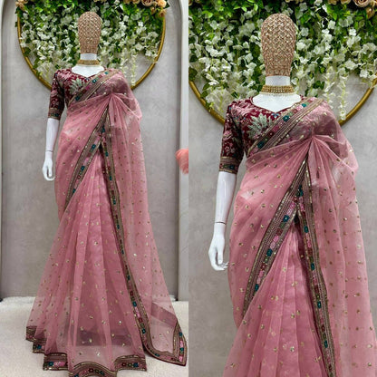 Pink Heavy Organza Silk Sequnce Saree