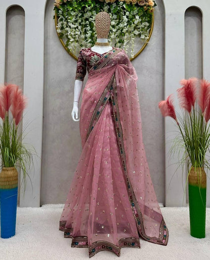 Pink Heavy Organza Silk Sequnce Saree