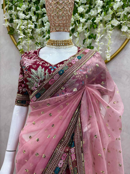 Pink Heavy Organza Silk Sequnce Saree