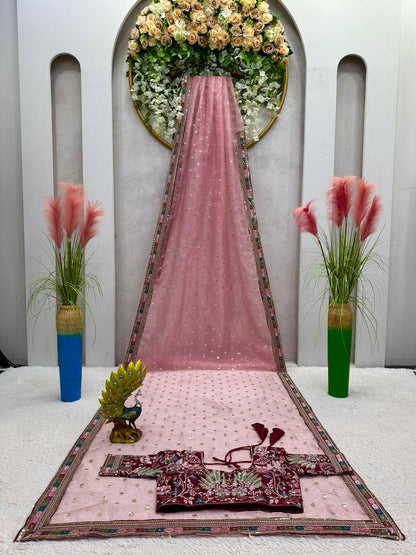 Pink Heavy Organza Silk Sequnce Saree