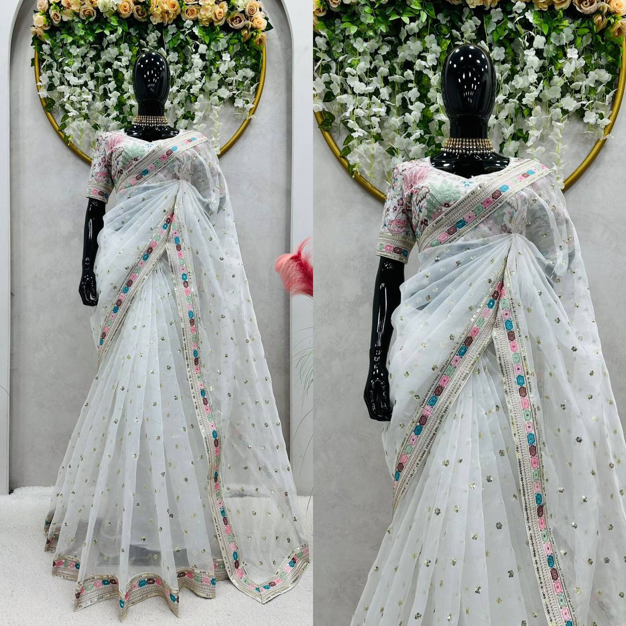 White heavy Organza Silk Sequnce Saree