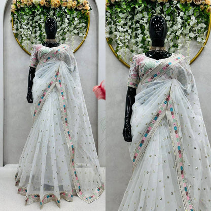 White heavy Organza Silk Sequnce Saree