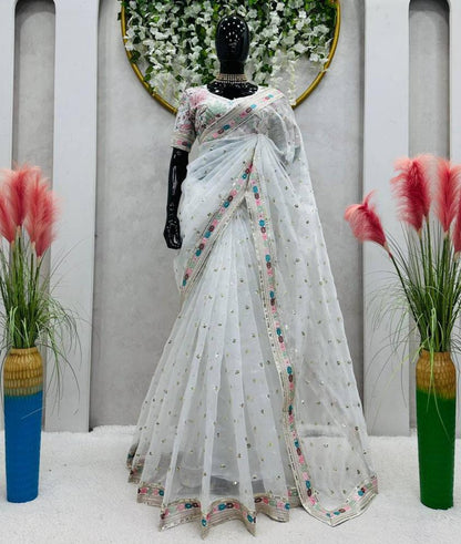 White heavy Organza Silk Sequnce Saree