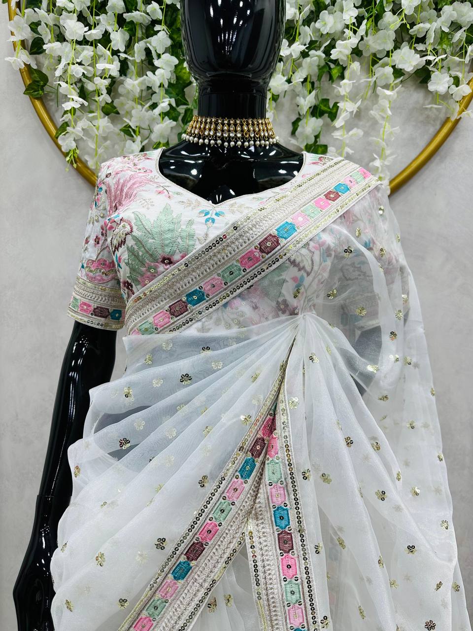 White heavy Organza Silk Sequnce Saree