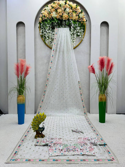 White heavy Organza Silk Sequnce Saree