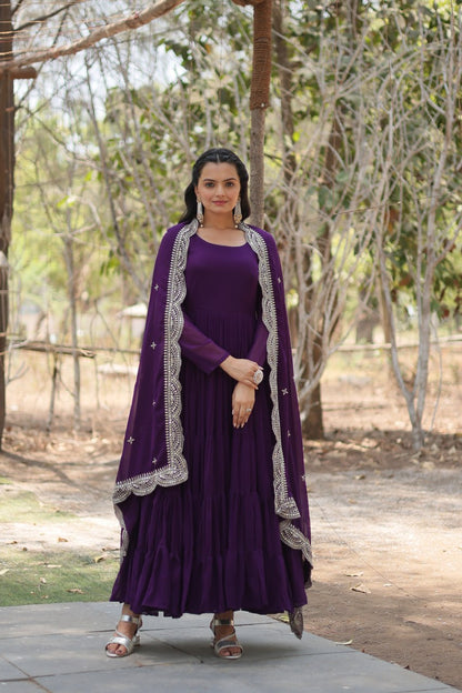 Designer Maroon Faux Georgette Gown With Dupatta