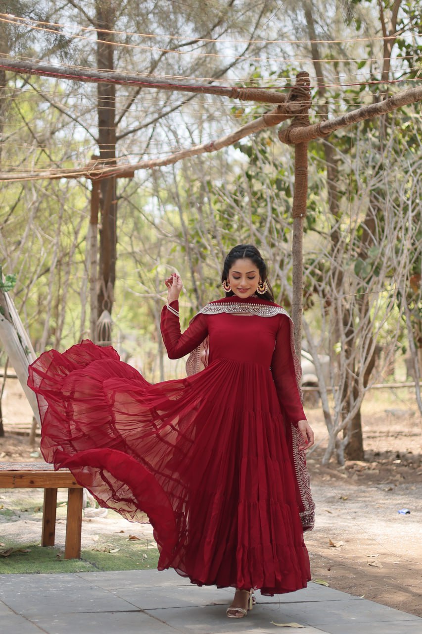 Designer Maroon Faux Georgette Gown With Dupatta