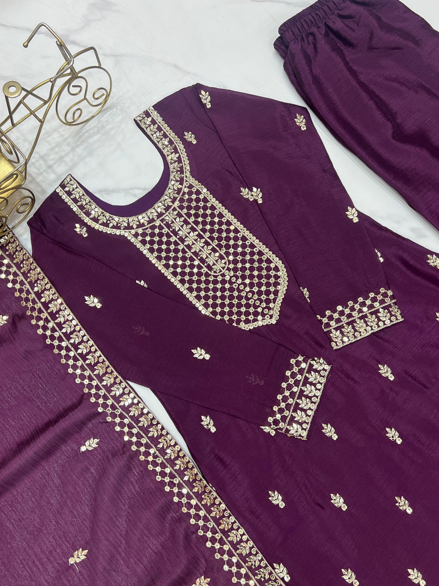 Wine Whisper – Elegant Embroidered Chinon Silk Straight Kurta Set with Dupatta