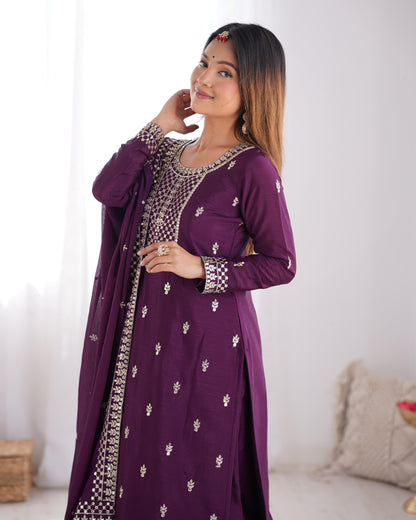 Wine Whisper – Elegant Embroidered Chinon Silk Straight Kurta Set with Dupatta