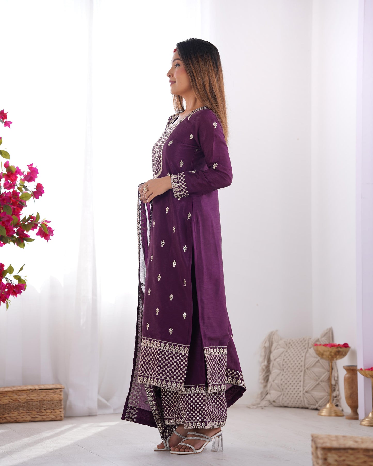 Wine Whisper – Elegant Embroidered Chinon Silk Straight Kurta Set with Dupatta