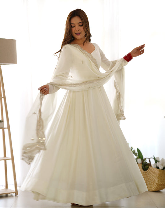 Off White Heavy pure Chanderi Romansilk 3pc Anarkali Gown Set