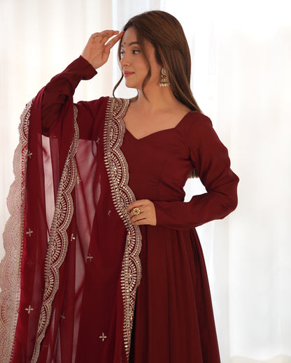 Maroon Heavy pure Chanderi Romansilk 3pc Anarkali Gown Set