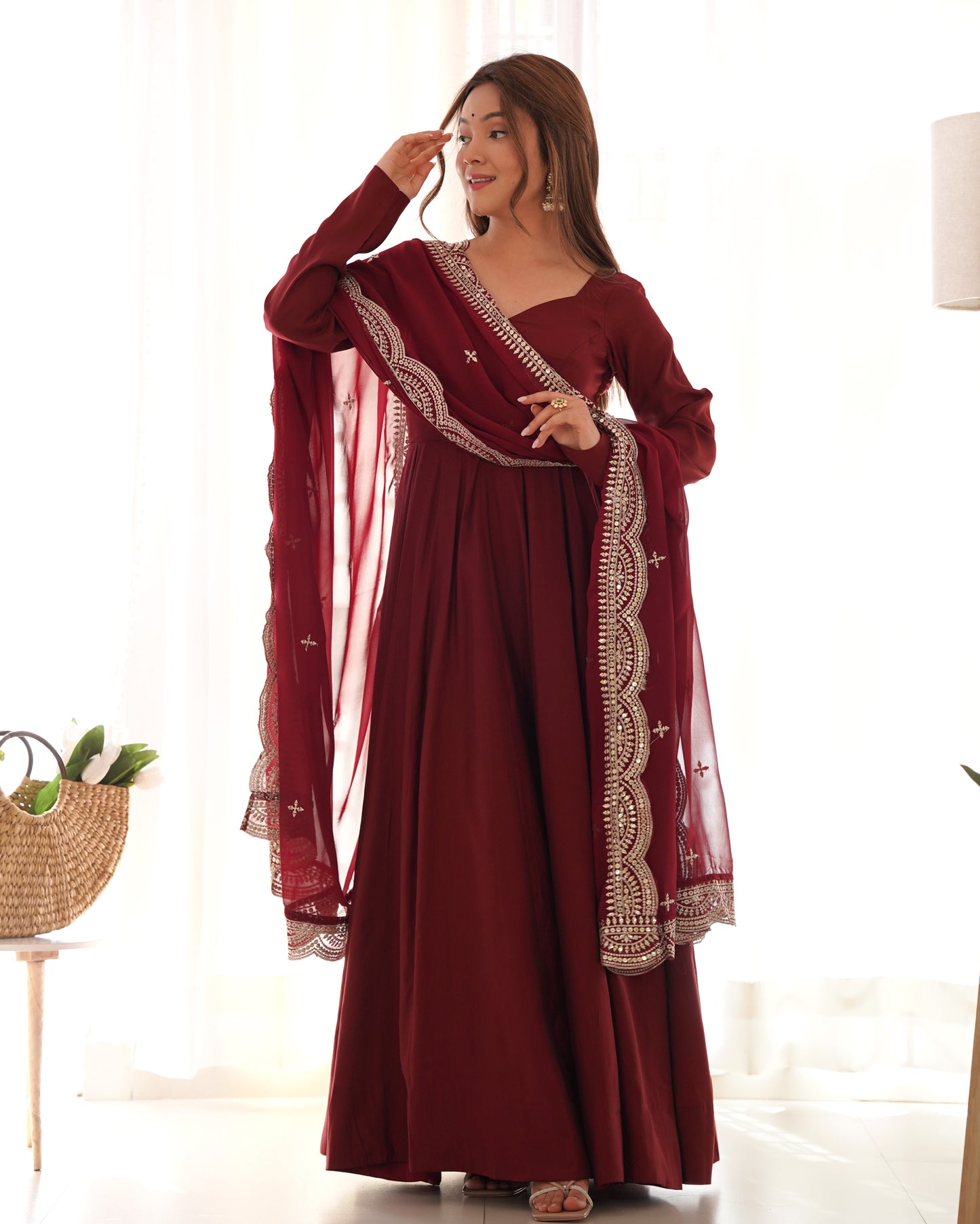 Maroon Heavy pure Chanderi Romansilk 3pc Anarkali Gown Set