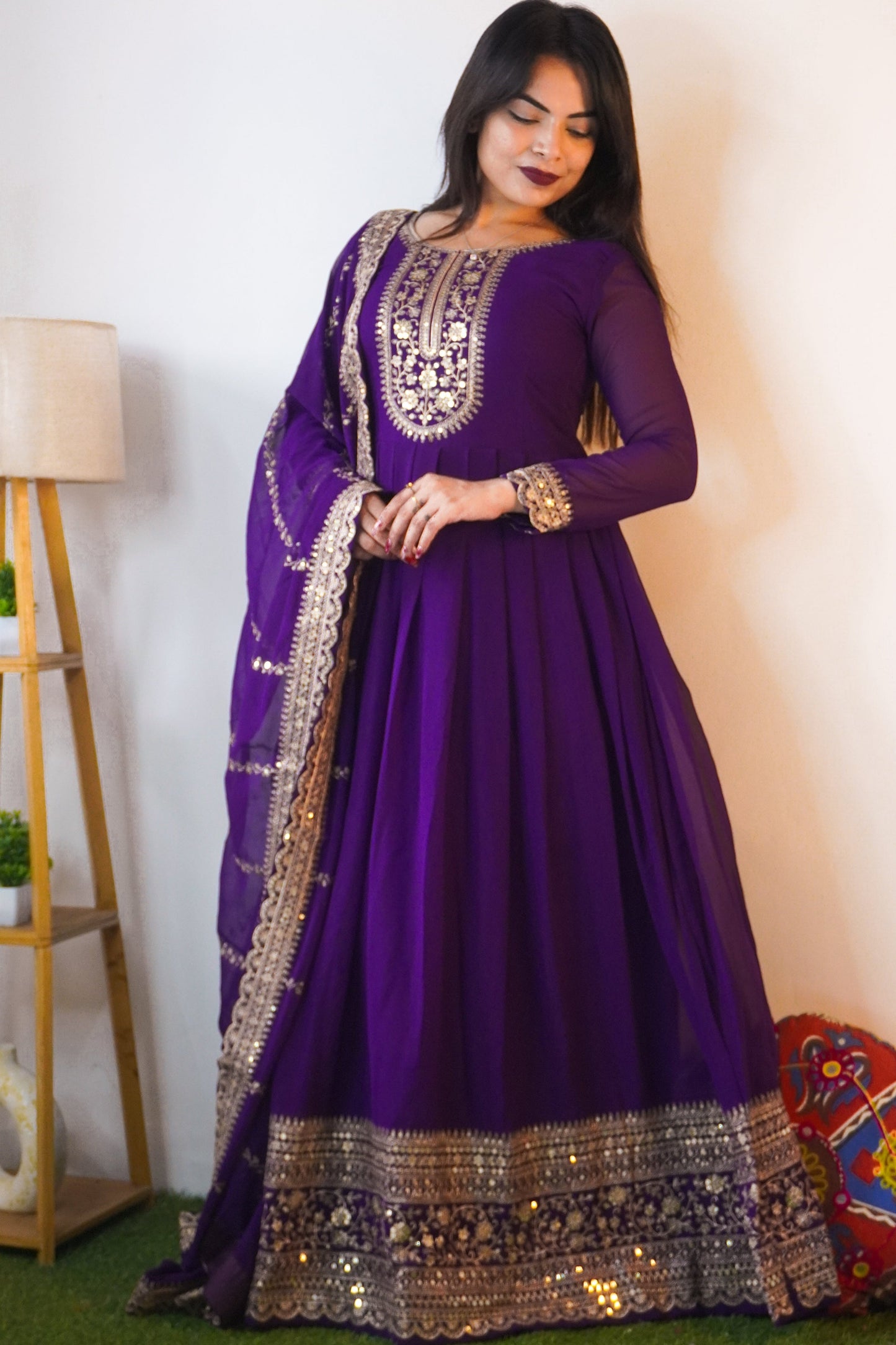 ELEGANT WINE COLOR  ANARKALI GOWN WITH FAUX BLOOMING DUPATTA