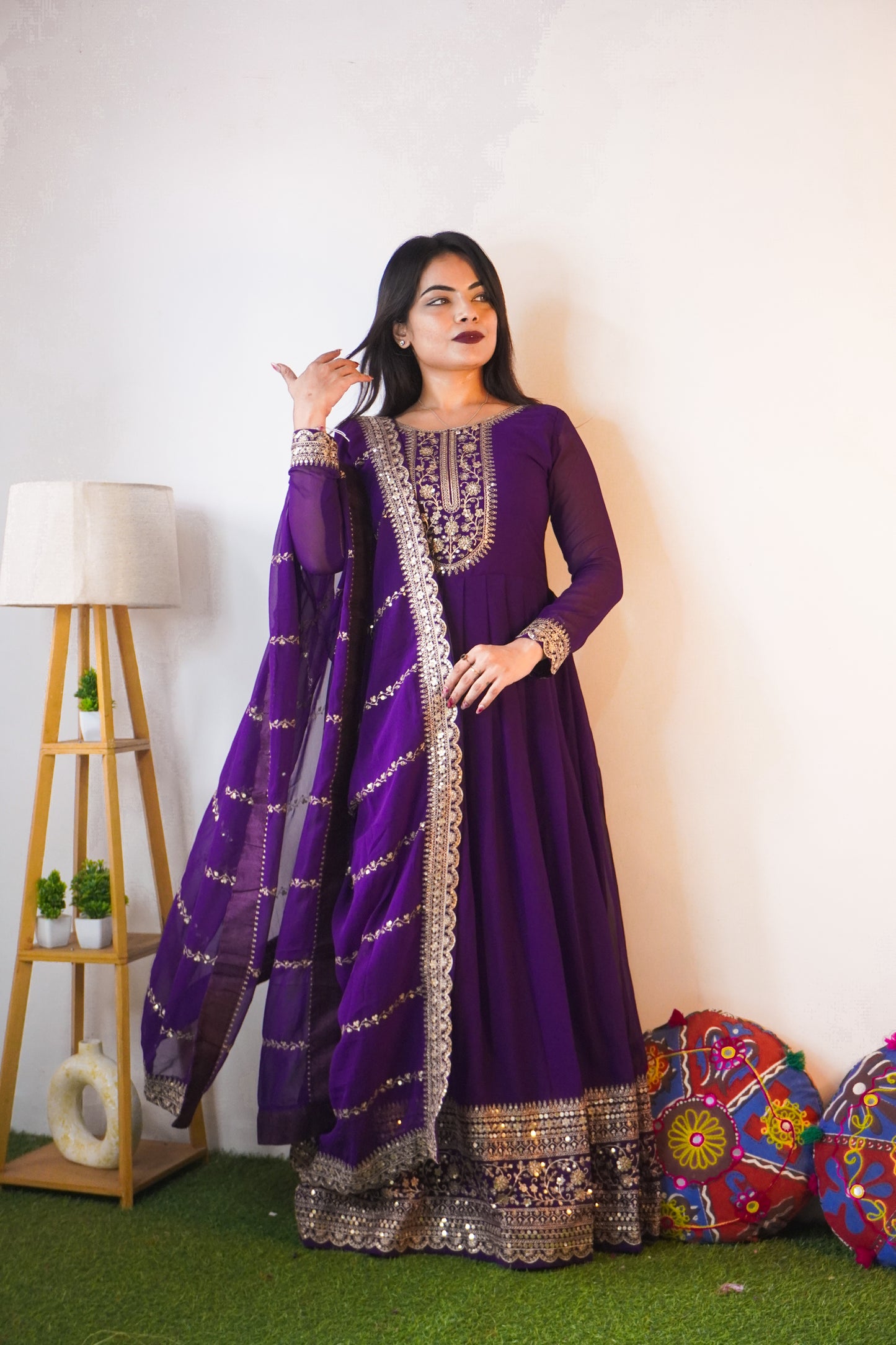 ELEGANT WINE COLOR  ANARKALI GOWN WITH FAUX BLOOMING DUPATTA