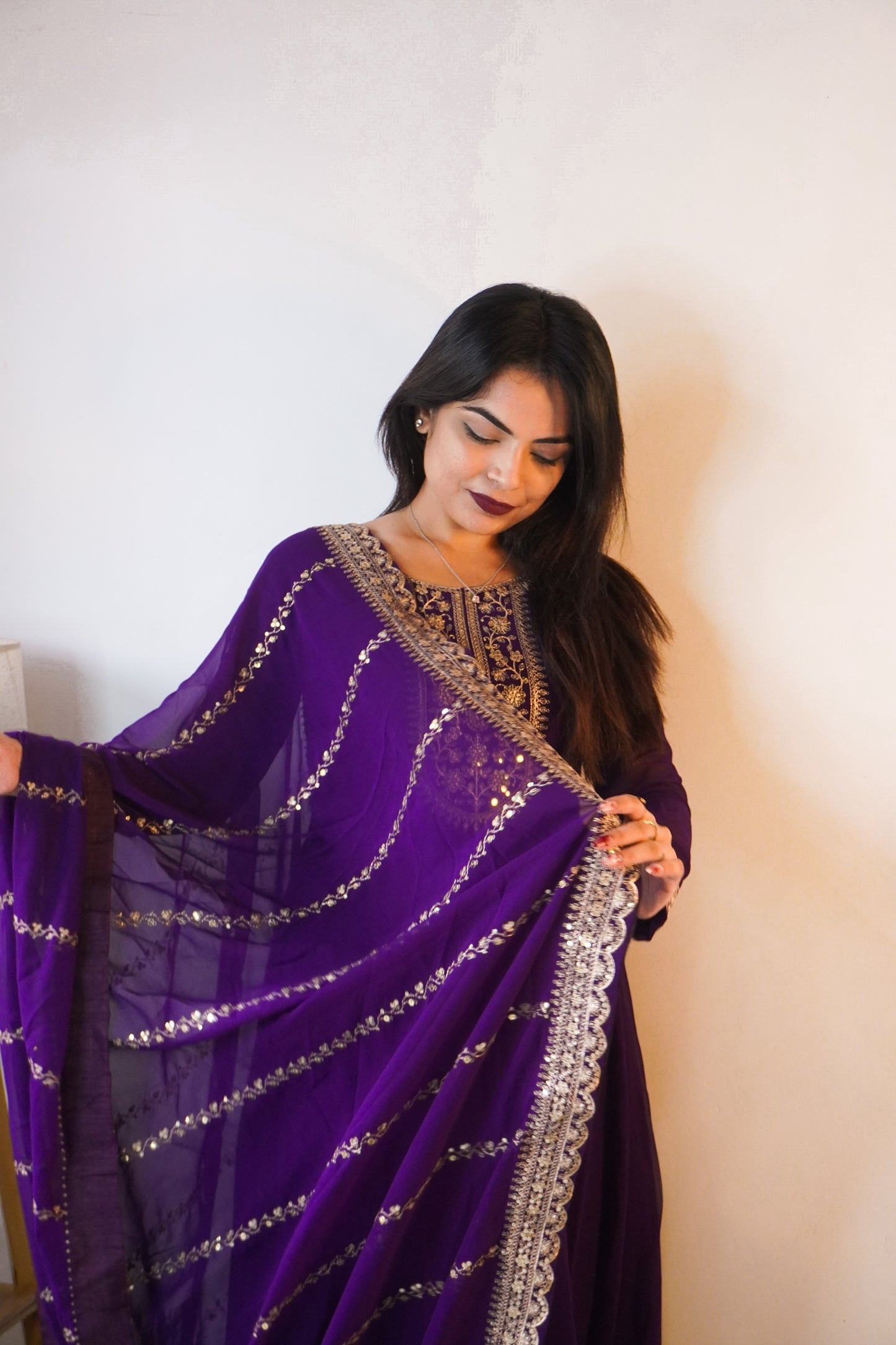 ELEGANT WINE COLOR  ANARKALI GOWN WITH FAUX BLOOMING DUPATTA