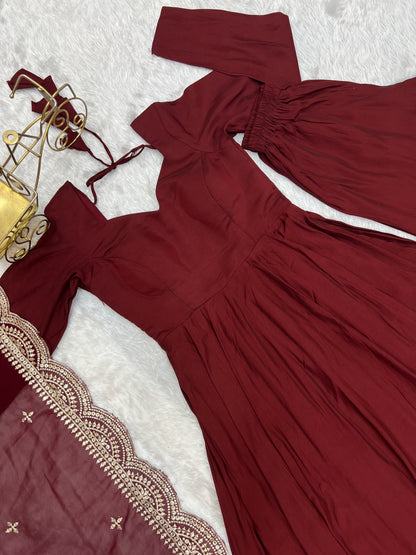 Maroon Heavy pure Chanderi Romansilk 3pc Anarkali Gown Set