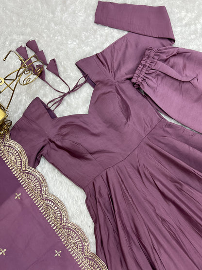 Mauve Pink Heavy pure Chanderi Romansilk 3pc Anarkali Gown Set