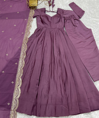 Mauve Pink Heavy pure Chanderi Romansilk 3pc Anarkali Gown Set