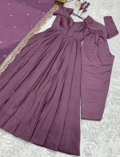 Mauve Pink Heavy pure Chanderi Romansilk 3pc Anarkali Gown Set