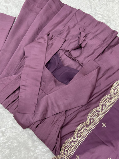 Mauve Pink Heavy pure Chanderi Romansilk 3pc Anarkali Gown Set