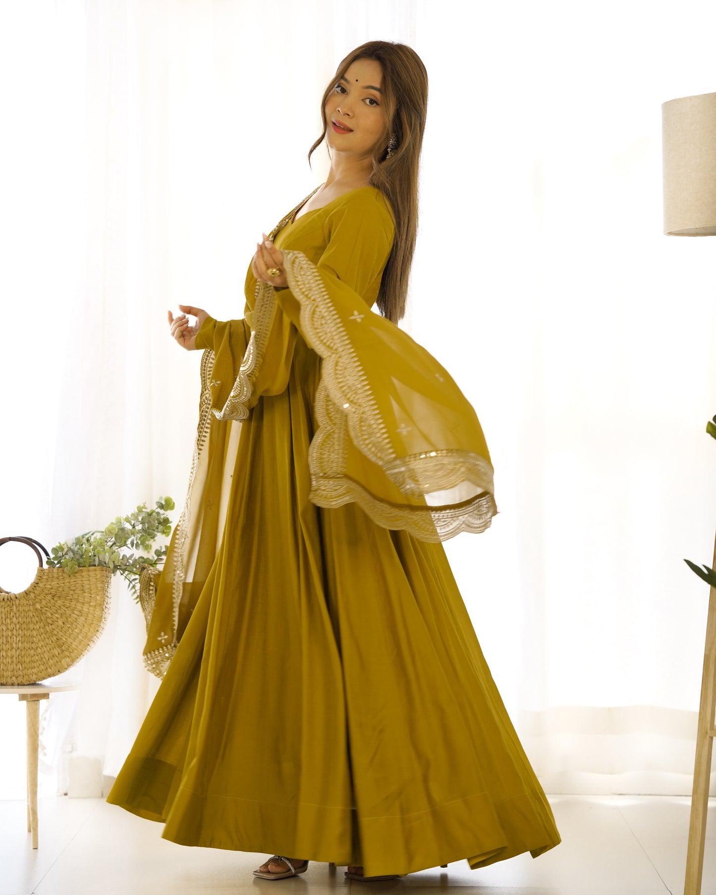 Musturd Heavy pure Chanderi Romansilk 3pc Anarkali Gown Set