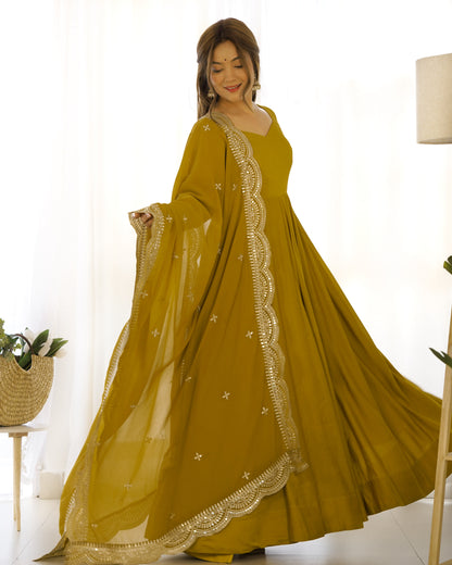 Musturd Heavy pure Chanderi Romansilk 3pc Anarkali Gown Set