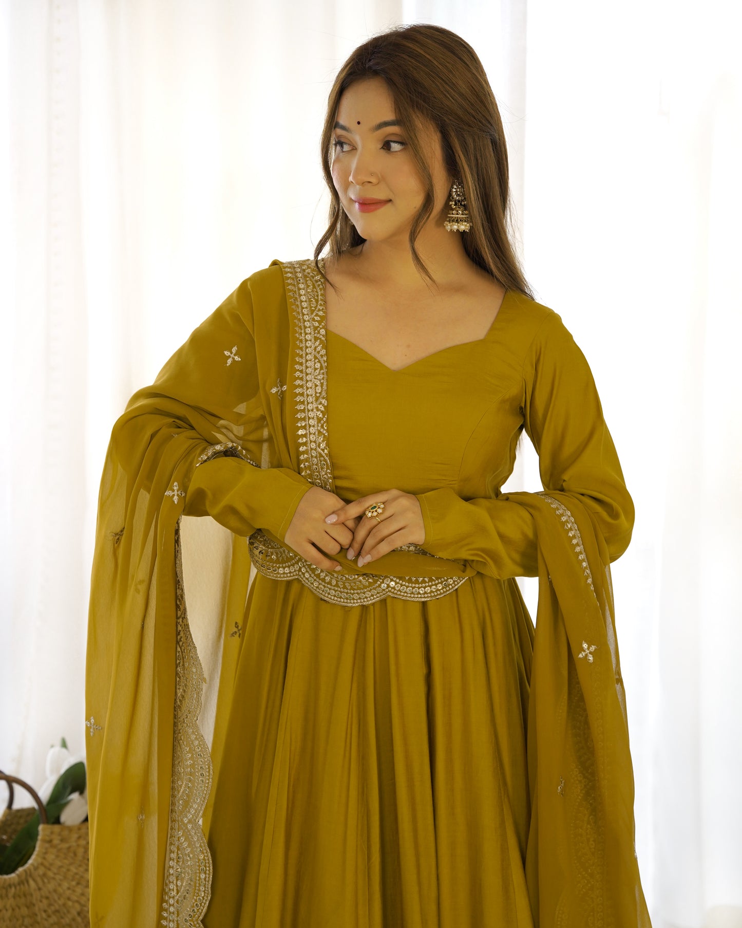 Musturd Heavy pure Chanderi Romansilk 3pc Anarkali Gown Set