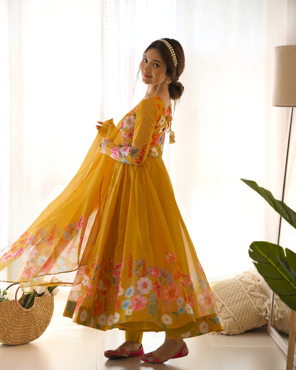 Yellow Color Floral Print Organja Anarkali 3PC Kurta Set