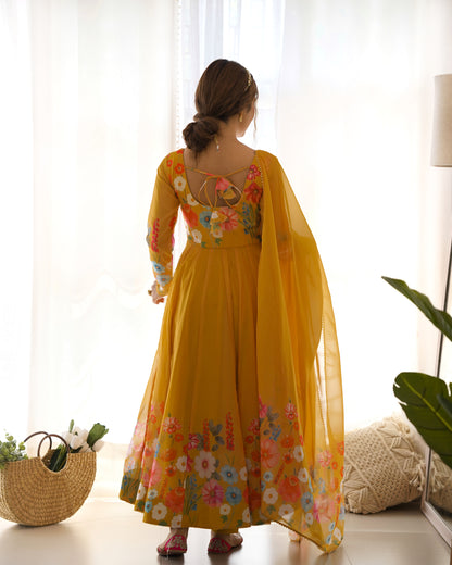 Yellow Color Floral Print Organja Anarkali 3PC Kurta Set