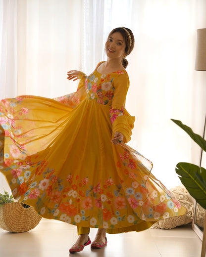 Yellow Color Floral Print Organja Anarkali 3PC Kurta Set