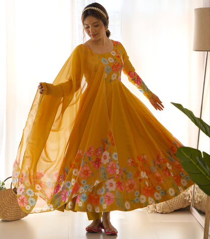 Yellow Color Floral Print Organja Anarkali 3PC Kurta Set