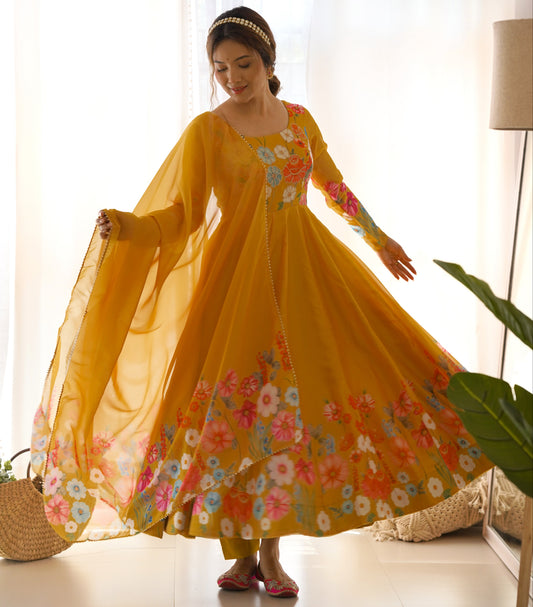 Yellow Color Floral Print Organja Anarkali 3PC Kurta Set