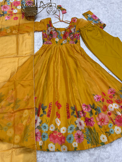 Yellow Color Floral Print Organja Anarkali 3PC Kurta Set