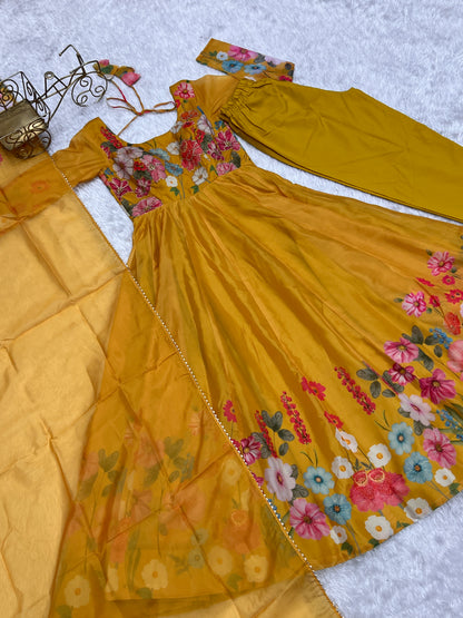 Yellow Color Floral Print Organja Anarkali 3PC Kurta Set