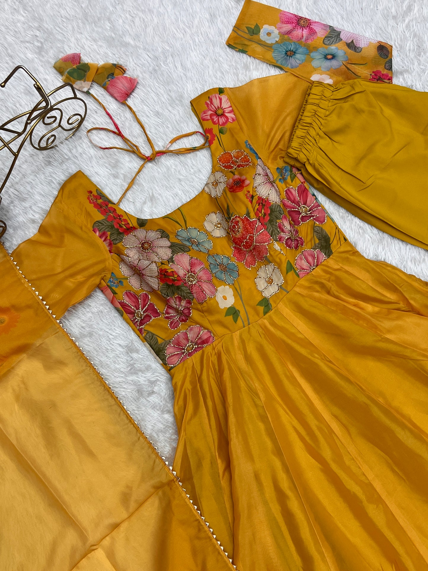 Yellow Color Floral Print Organja Anarkali 3PC Kurta Set
