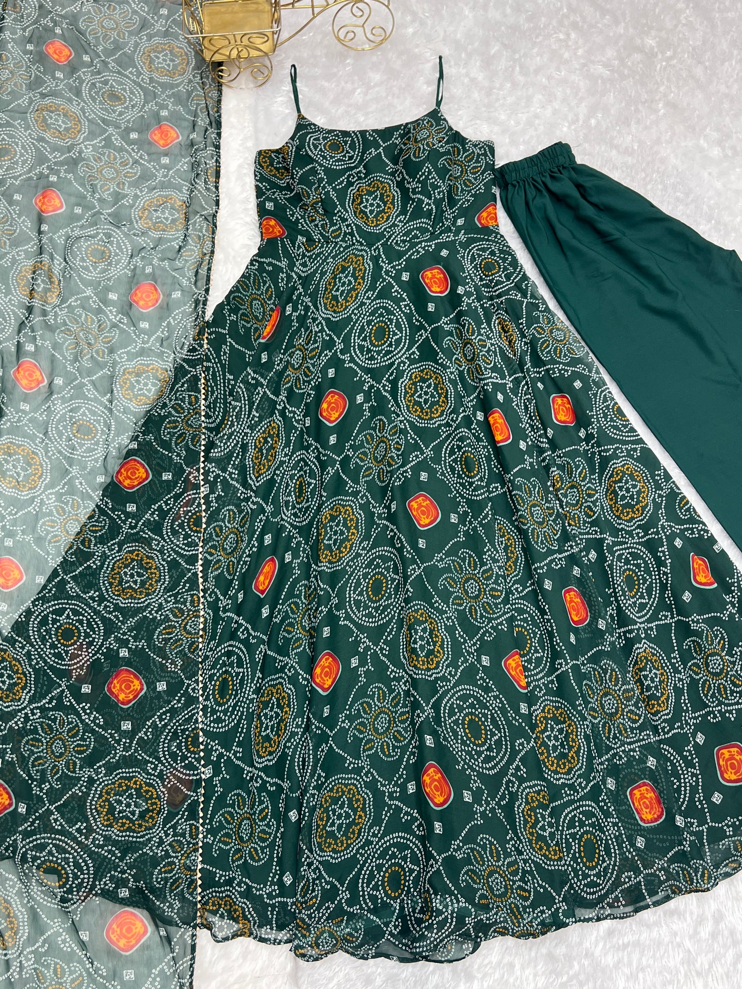 SOFT LIGHT WEIGHT CHIFFON GREEN BANDHANI PRINT ANARKALI 3PC KURTA SET